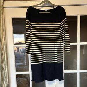 J. Crew Navy and White Striped Three Quarter Sleeve Dress
